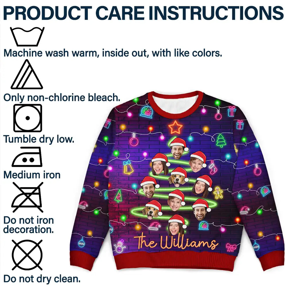 Family - Custom Photo Funny Family Face Let's Get Lit Neon Christmas Light Style - Personalized Unisex Ugly Sweater